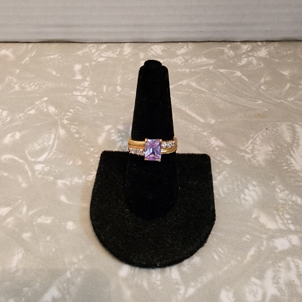 Gold-Tone Ring with Rectangular Lavender Center Stone and Clear Accents - Picture 2 of 5